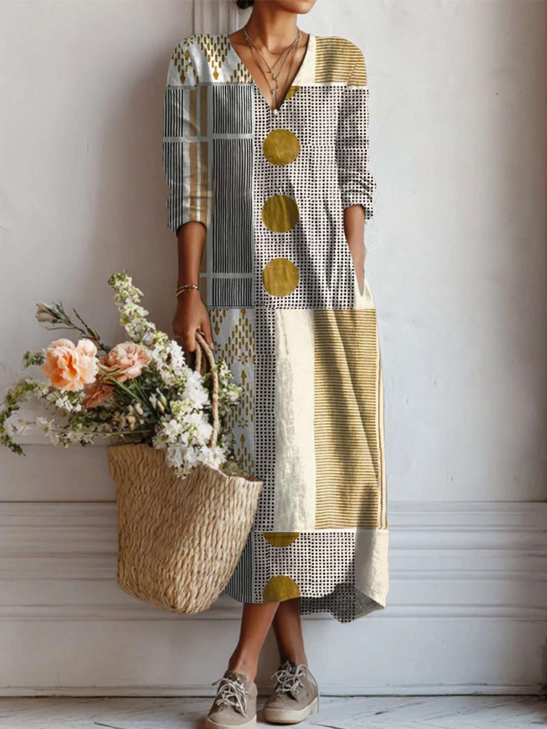 Women's Vintage Abstract Geometric Art Print Linen Pocket Dress