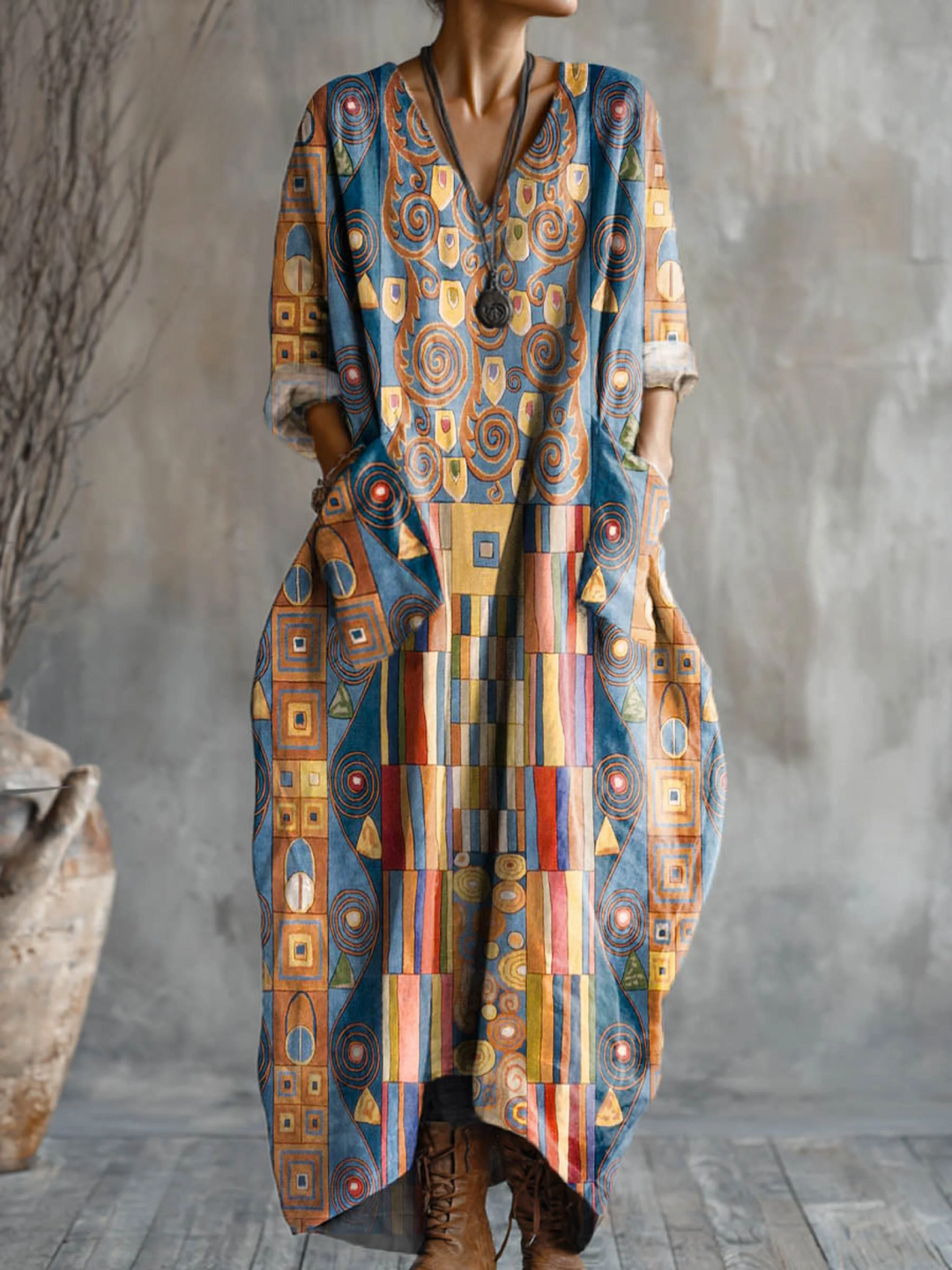 Women's Geometric Print V-Neck Cotton Dress with Pockets