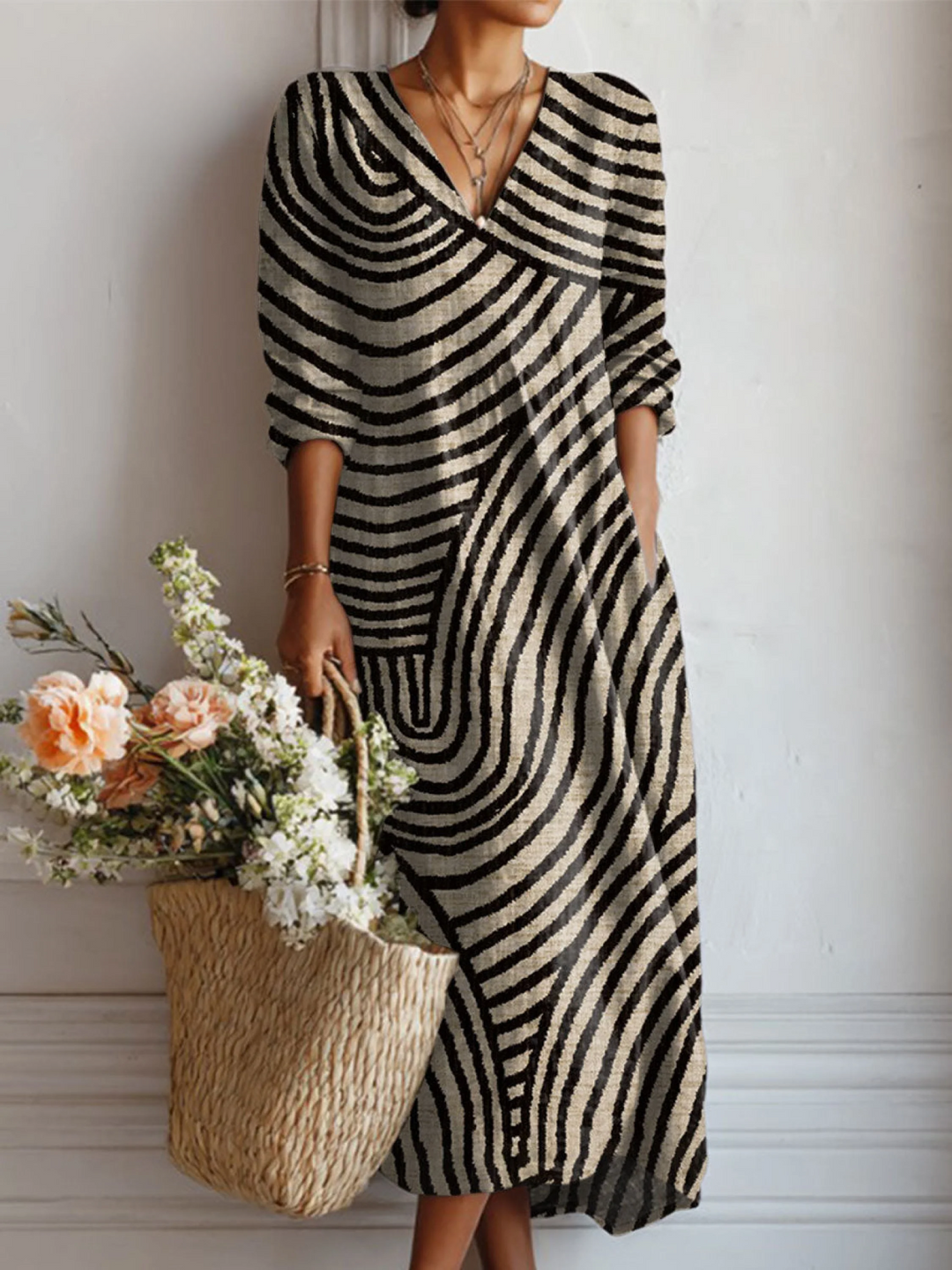 Women's Retro Geometric Art Print Linen Pocket Dress