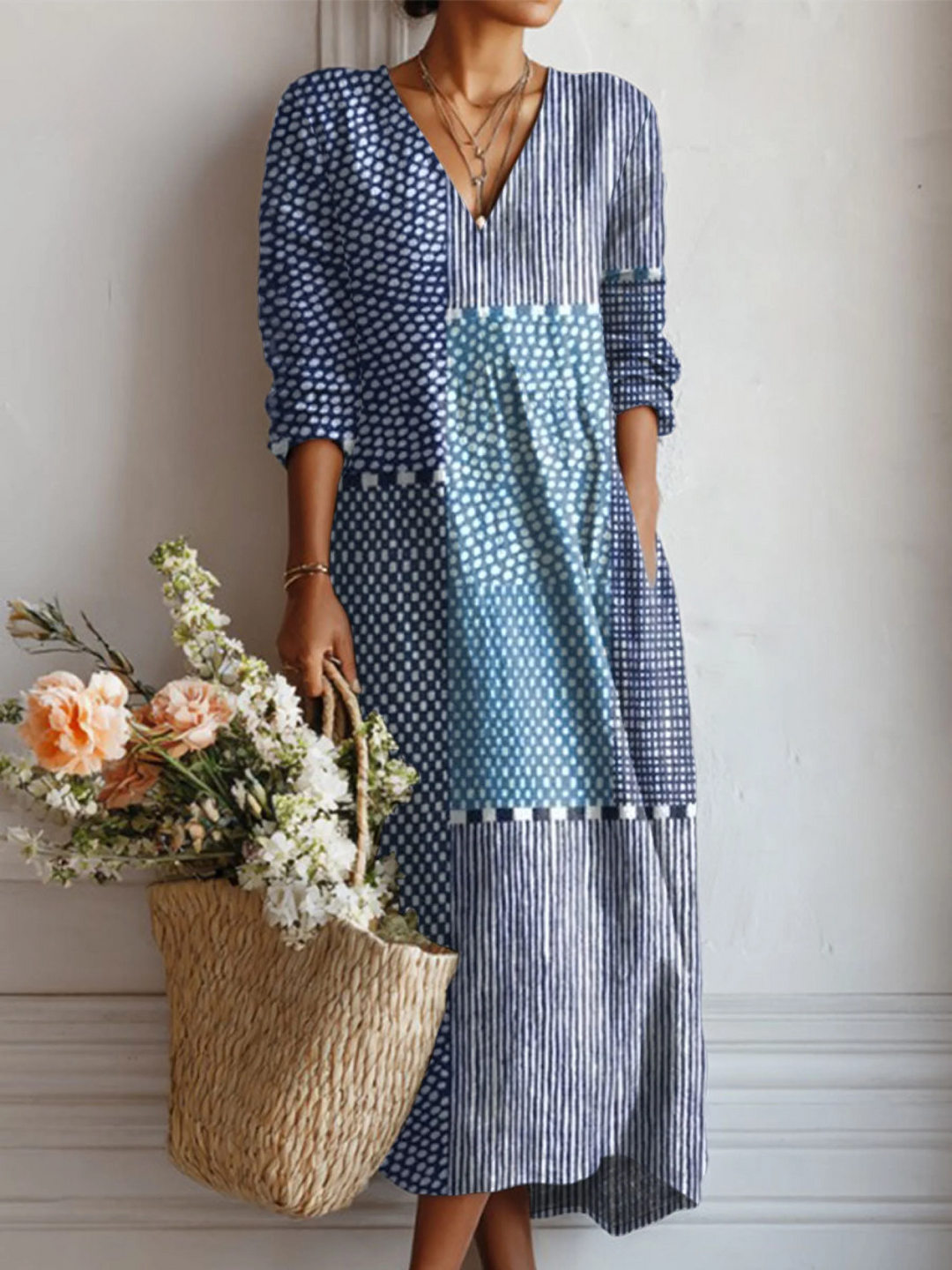 Women's Retro Geometric Art Linen Pocket Dress
