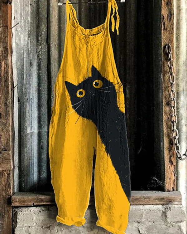 Yellow Artisan Overall with Black Cat Design