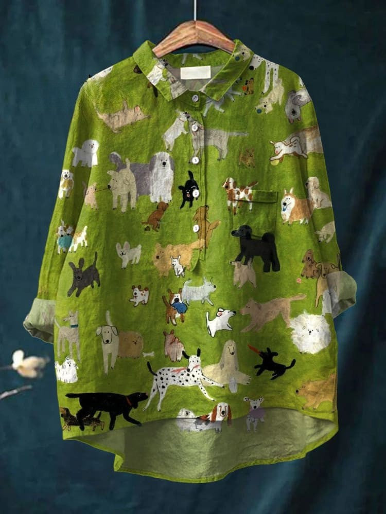Casual Linen Shirt with Adorable Dog Art for Women