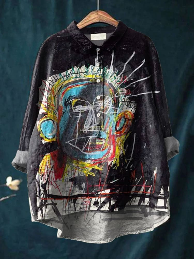 Retro Abstract Figure Art Print Casual Linen Shirt