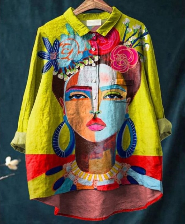 Freda Linen Shirt with Oil Painting Design